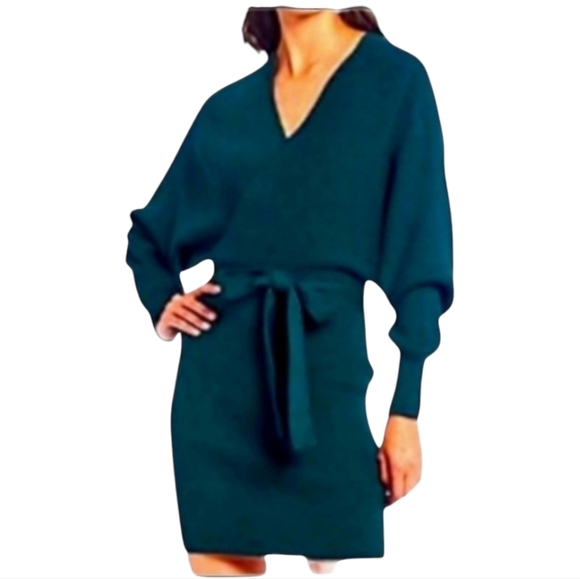 Gianni Bini Knit Sweater Mini Dress Green Alston Surplice Long Sleeve XS - Picture 9 of 9